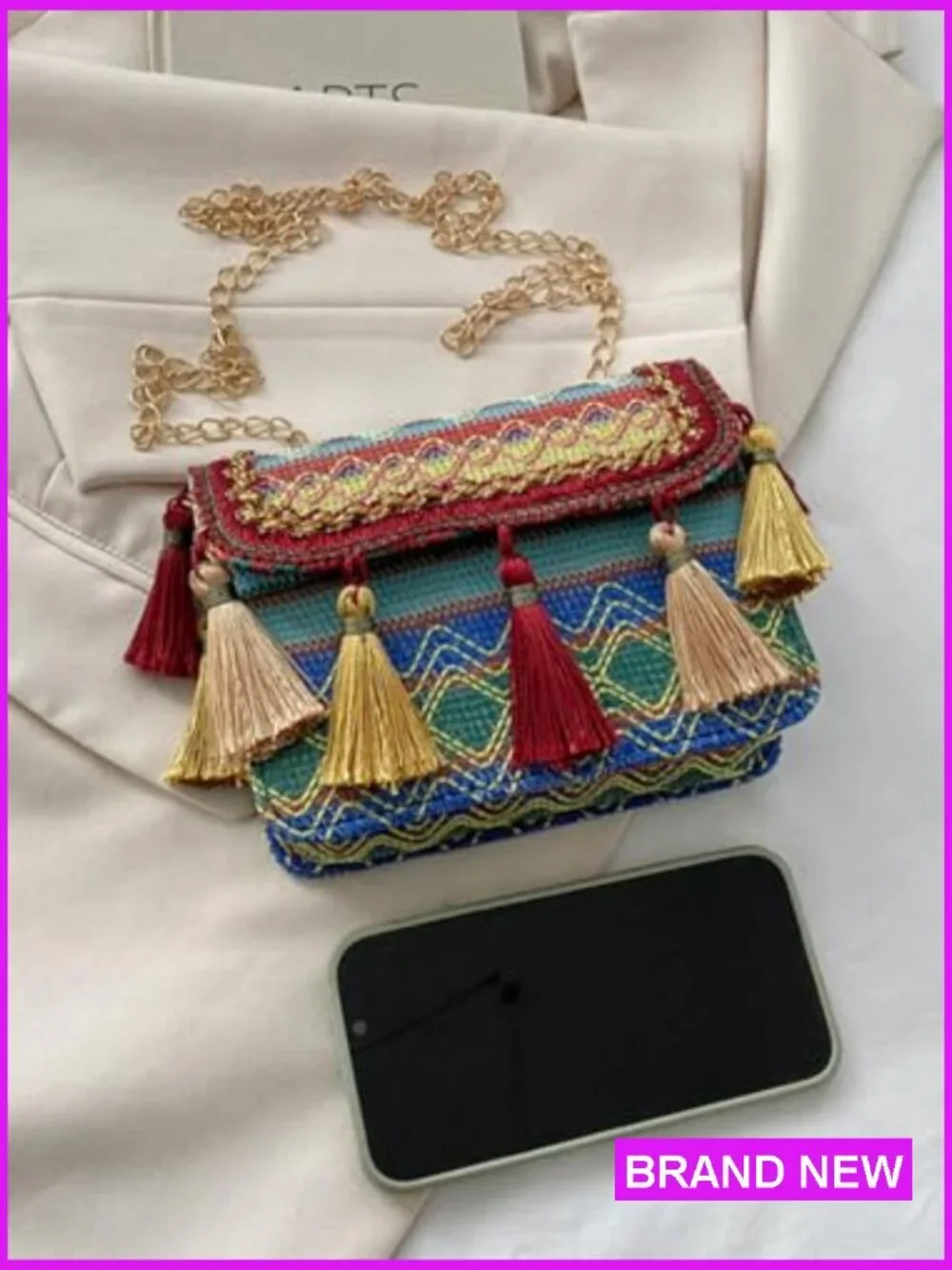 Boho Handwoven Crossbody Bag Gold Chain Tassel Strawberry Keychain Summer - Picture 3 of 7